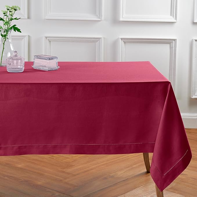 Solino Home Beet Linen Tablecloth 60 x 90 Inch - 100% Pure Linen Hemstitch Table Cloth for Rectangle Tables - Classic Hemstitch, Machine Washable Tablecloth for Valentines, Winter, Easter