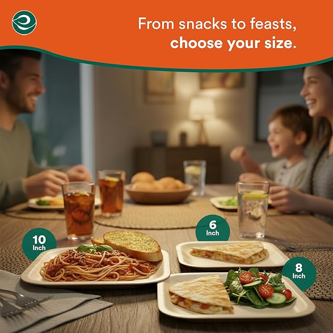 ECO SOUL Palm Leaf Disposable Bamboo Plates 10" Square Compostable & Biodegradable Party Plates for Dinner, Weddings, Parties & Events 200 Count