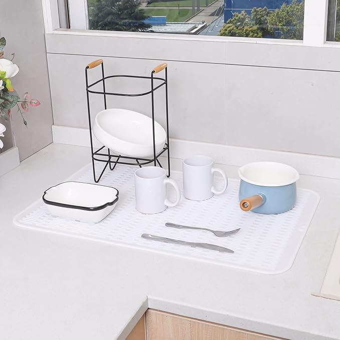 Silicone Dish Drying Mat for Multiple Usage,Easy clean,Eco-friendly,Heat-resistant Silicone Mat for Kitchen Counter or Sink,Refrigerator or Drawer Liner White 3XL 28 inches x 18 inches