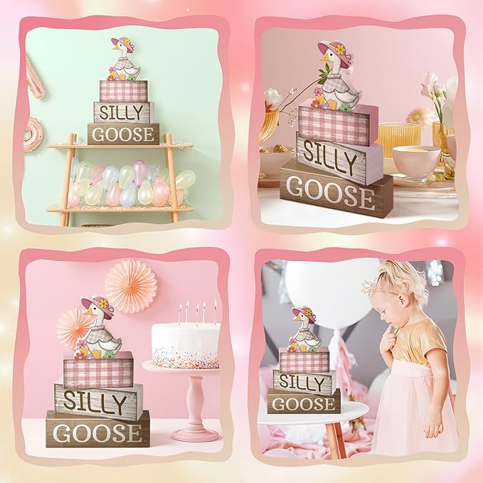 4 Pcs One Silly Goose Birthday Party Decoration Wood Silly Goose Table Sign Pink Baby Shower Tiered Tray Decor Tabletop Centerpieces for First Birthday Baby Shower Home Shelf Office