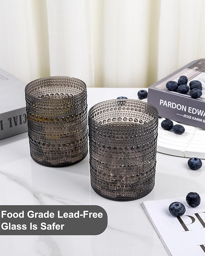YOUBET 24PCS Plastic Drinking Glasses - 14OZ Black Hobnail Drinkware Glasses - Vintage Glassware Textured Beaded Cups for Water, Beer, Whiskey, Juice and Various Mixed Drinks for Party