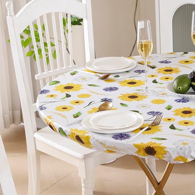 Walrus Round Vinyl Fitted Tablecloth with Flannel Backing Elastic Edge Design Table Cover Waterproof Oil-Proof PVC Table Cloth Stain-Resistant Best for 57"-66" Round
