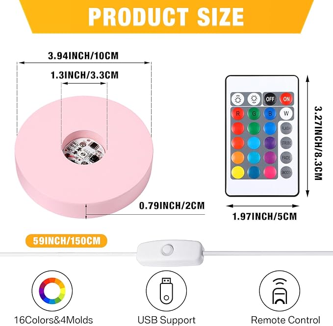 2 Pcs Light LED Base Wood LED Display Base for Glass Art Valentine Decor Crystal Acrylic Resin, 16 Colored USB Light with Remote Wooden Round Lamp Stand for 3D Crystal Ball Room Home Decor(Pink)