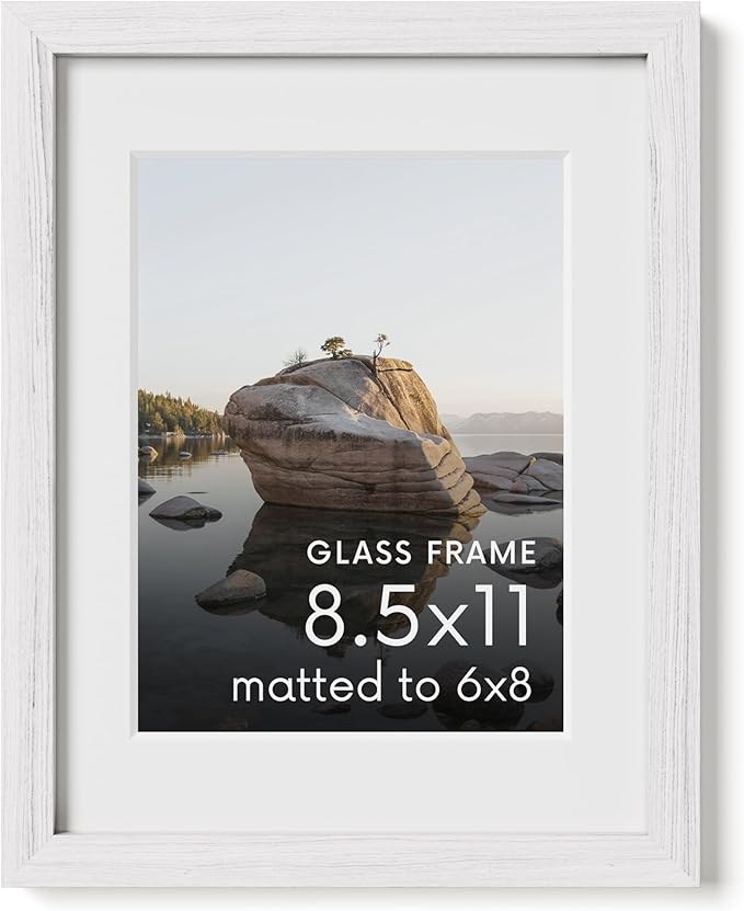 HAUS AND HUES 8.5x11 Picture Frame with Real Glass & White American Oak Matted to 6x8 - Oak Glass Picture Frame - Includes Vertical & Horizontal Hang - Ideal for Home, Room, Office (8.5x11 in, White)