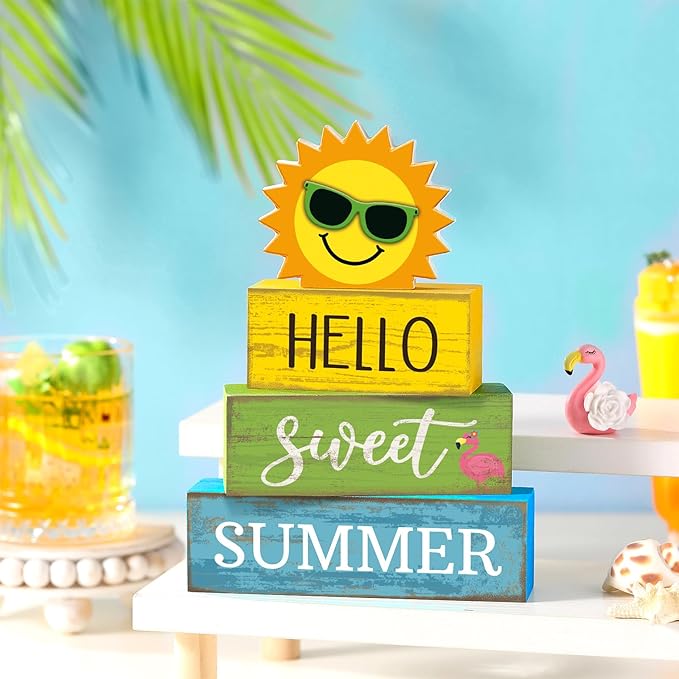 4 Pcs Summer Wooden Tabletop Decor Hello Sweet Summer Tiered Tray Decor Sunshine Centerpiece Rustic Summertime Decorative Block Signs Gift Farmhouse Table Decoration for Home Kitchen