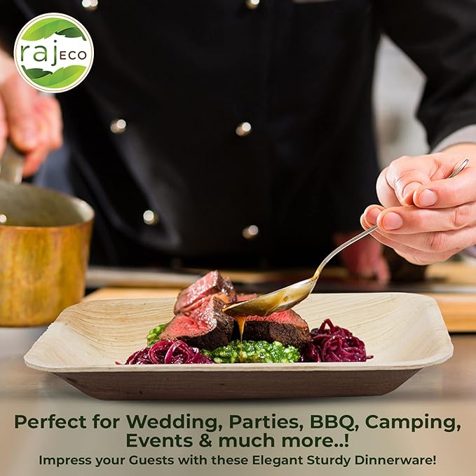 Raj Disposable Palm Leaf Plate [50-Pack] Large Square Plates Strong and Reusable Party Plate Like Bamboo Plates - Decorative Compostable Tableware for Lunch, Dinner, Birthday, Outdoor BBQ