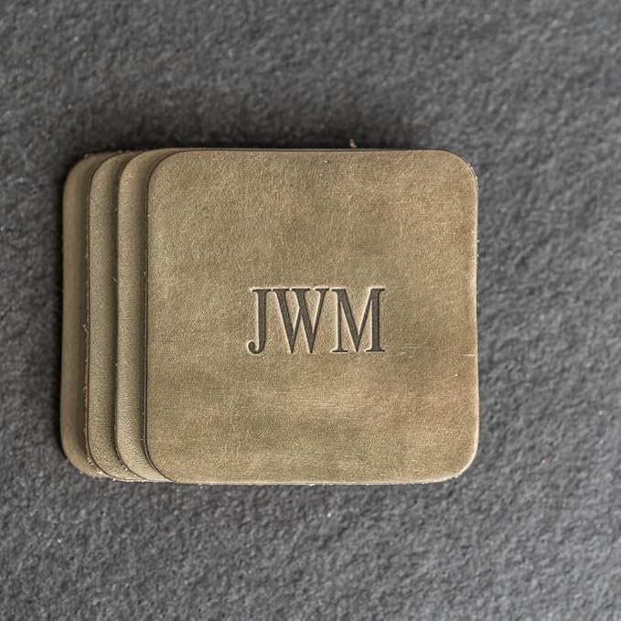 Ox & Pine Personalized Leather Coaster - Sold Individually or in Sets of 4 - Customize Inscription - 100% Full-Grain Leather – 4" Round or 4" Square (Square, Deep Ocean, Set of 4 Coasters)