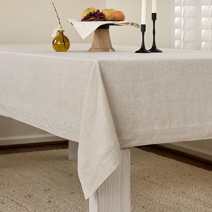 Solino Home Linen Light Natural Tablecloth 60 x 144 Inch - Classic Hemstitch, 100% Pure Linen Rectangular Tablecloth - Machine Washable Table Cloth for Spring, Easter