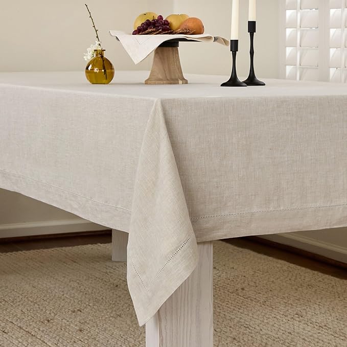 Solino Home Light Natural Linen Tablecloth 60 x 132 Inch - Classic Hemstitch, 100% Pure Linen Rectangular Tablecloth - Machine Washable Table Cloth for Spring, Easter