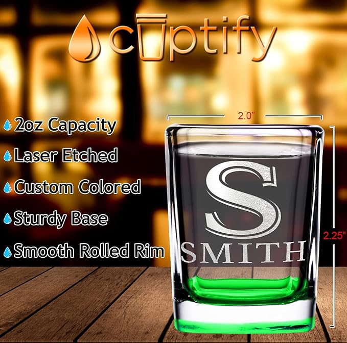 Personalized Shot Glasses Set of 4 Initial and Name 2oz Green Bottom Etched Square Shot Glass Engraved with Custom Text Birthday Gift for Men and Women