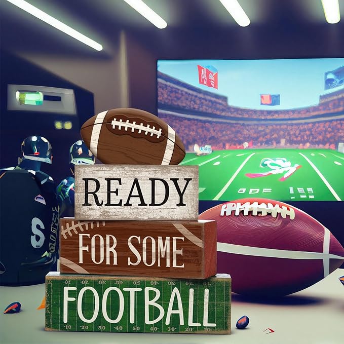 4pcs Football Christmas Table Decoration Happy Football Wooden Block Sign Rugby Tiered Tray Decor Centerpiece Decorative Faux Book Stack for Holiday Tabletop Fireplace Shelf Desk Party Decor