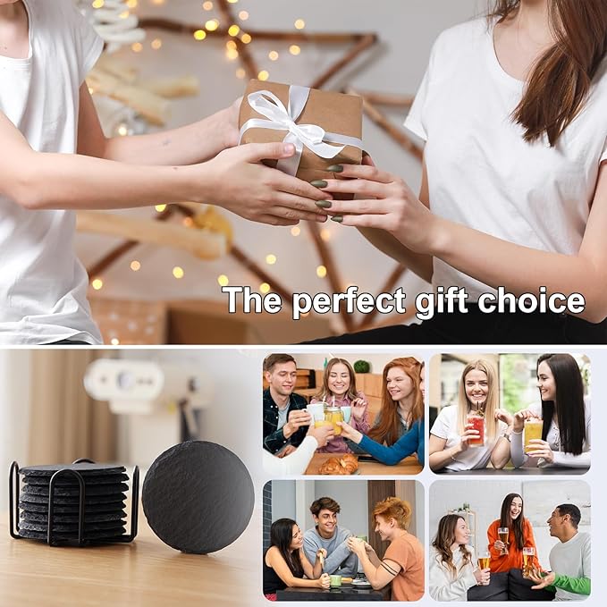 Slate Coasters Set of 72,4-Inch Black Round Stone Drink Coasters with Scratch-Resistant Backing, Durable Tabletop Protection for Home Office Kitchen, Ideal Housewarming Wedding Gifts