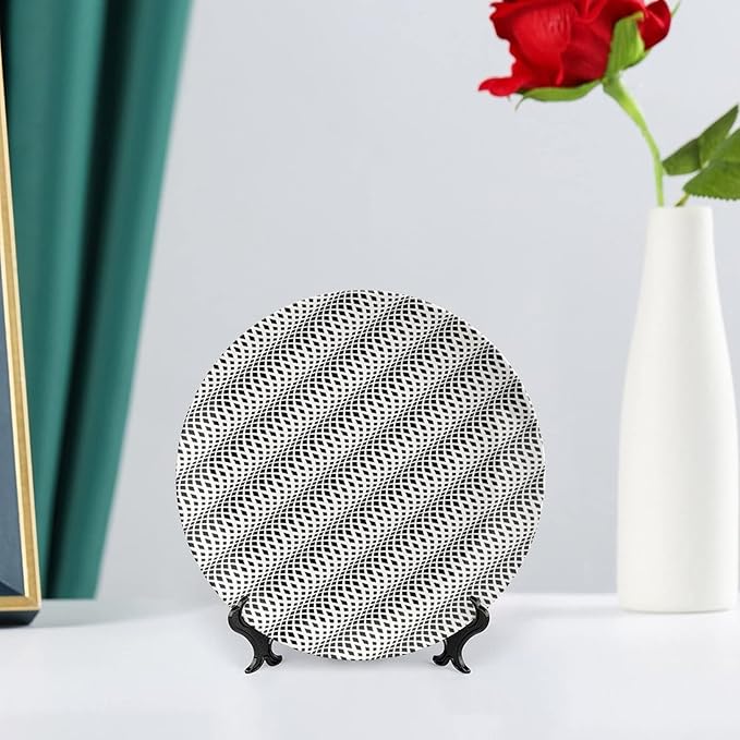 Ceramic Display Plate, Abstract Ceramic Hanging Decorative Plate, Wavy Rhombus Abstract Modern Monochrome Decor, 8 Inch, Household Custom Ceramic Plate, Black White