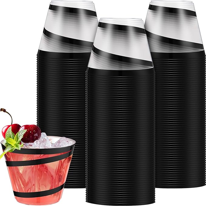 Gejoy 9 oz Rimmed Swirl Plastic Cups Disposable Wine Drinking Cups Clear Elegant Halloween Tumblers for Christmas Party Supplies(Black,50 Pcs)