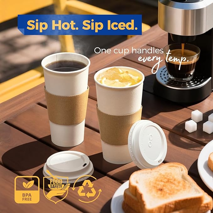 Fit Meal Prep 50 Pack 24 oz Disposable Coffee Cups with Lids, Sleeves, Leak-Proof To Go Coffee Cups with Lids, Durable Hot Paper Cups for Home, Office, Party, Business