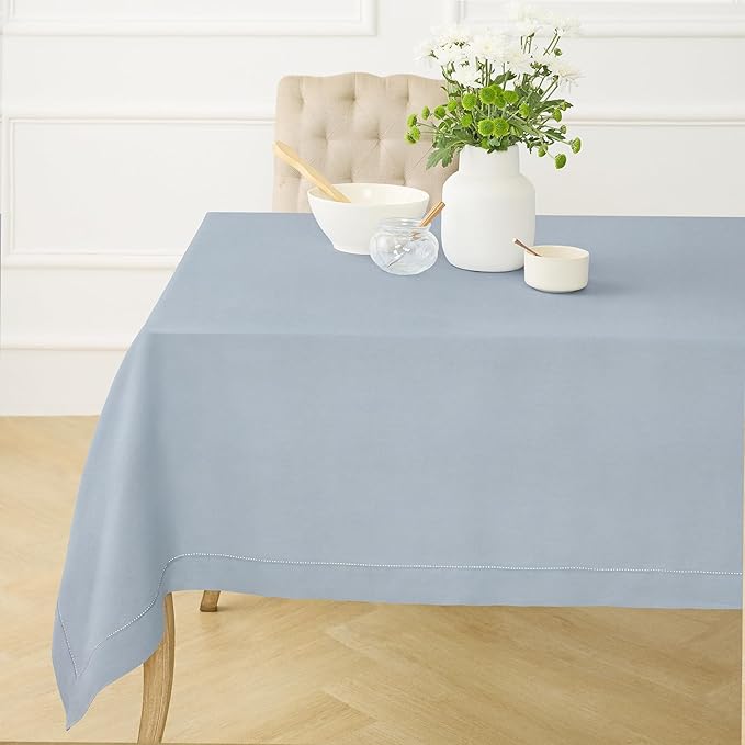 Solino Home Dusty Blue Linen Tablecloth 60 x 108 Inch - 100% Pure Linen Hemstitch Table Cloth for Rectangle Tables - Classic Hemstitch, Machine Washable Tablecloth for Winter, Spring, Easter