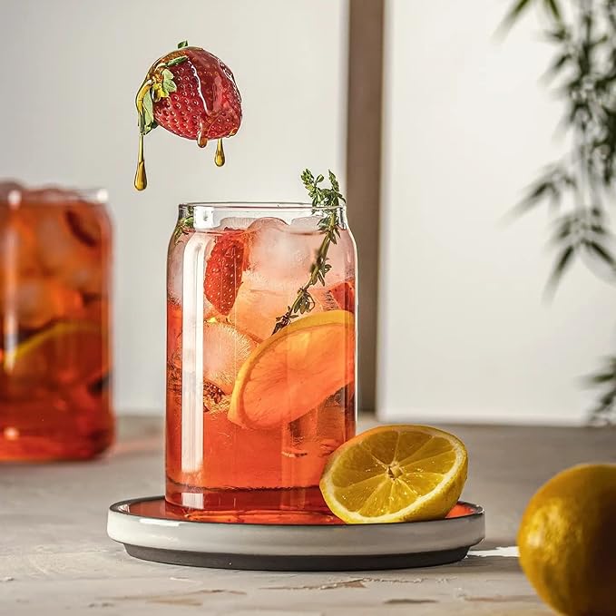 Le'raze Set of 4 Patented Can Shaped® Drinking Glasses with Glass Straws - 16oz Iced Coffee & Tea Glass Cups, Clear Whiskey Soda Tumblers, Beer Glasses.