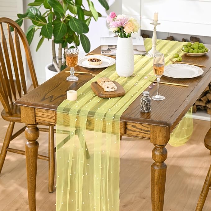 Artoid Mode Pearl Yellow Gauze Table Runner 59x120 Inch , Seasonal Sheer Kitchen Dining Holiday Wedding Birthday Baby Shower Table Decor for Home Party