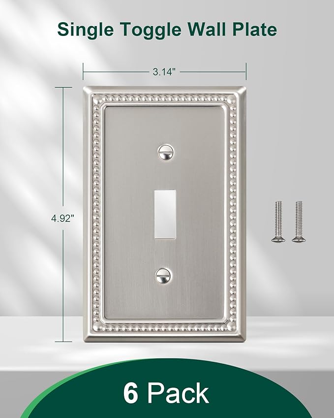 6-Pack Single Toggle Light Switch Cover Plate, Pearls Decorative Switch Plate Covers, Brushed Nickel 1 Gang Metal Wall Plate
