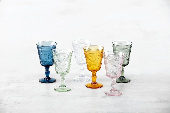 FORTESSA Debutante Vintage Themed Glassware, 10 Ounce Water Goblets (Set of 6), Dishwasher-Safe Water Glasses, Cornflower Blue