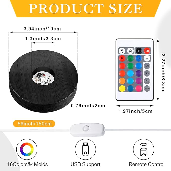 Riakrum 4 Pieces Wood LED Display Light Base Crystal Display Base Stand Remote Control Round 16 Lighting Modes Wooden Lighted Holder Colorful Pedestal for Crystal Glass Resin Ball(Black)