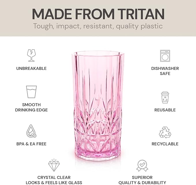 BELLAFORTE Shatterproof Tritan Tall Tumbler, Set of 4, 18oz - Myrtle Beach Drinking Glasses - Unbreakable Plastic Drinking Glasses for Gifting, Parties, New Year - BPA Free - Dishwasher Safe - Pink