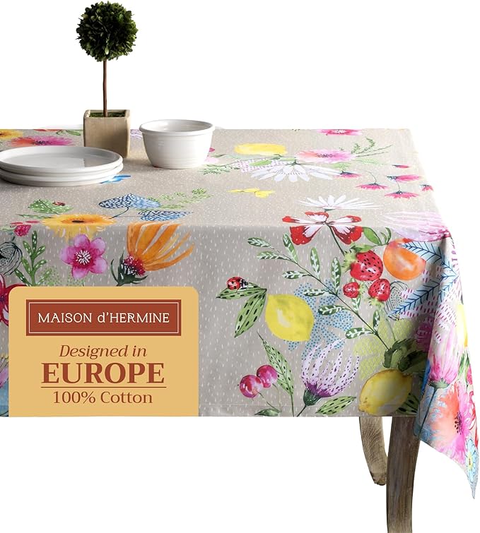 Maison d' Hermine Table Cloth Rectangle Table 100% Cotton 70 x 90 Inches Tablecloth Reusable Decorative for Dining Room Farmhouse Home Valentines Day Decorations Spring Summer - Jardin D'Ete - Fog