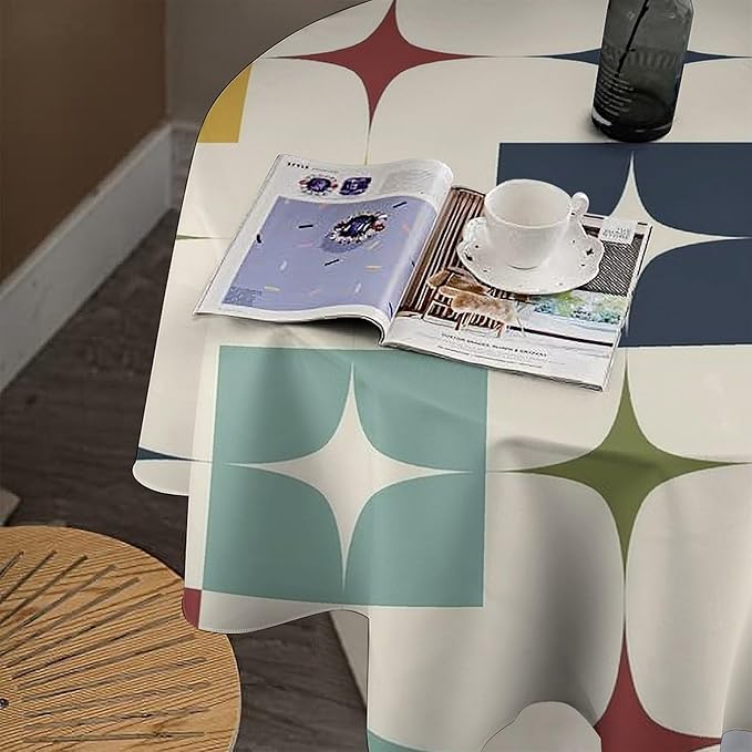 Middle Century Modern Round Tablecloth, Retro Mid Century Geometry Abstract Bohemia Tablecloth for Home Party Dining Room Kitchen Decor 70Inch(178cm)