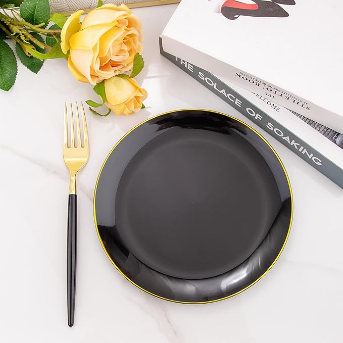 I00000 144Pcs Black and Gold Dessert Plate Set, Including 72Pcs Black and Gold Plastic Plates 7.5" and 72Pcs Disposable forks 8.5", Fancy Salad Plates with Gold Rim for Thanksgiving and Party