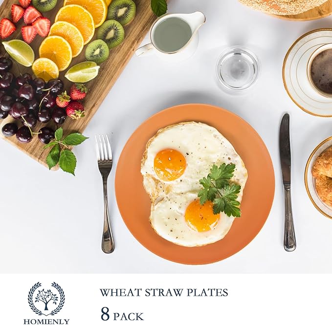 Homienly Flat Dinner Plate Set of 8 - Alternative for Plastic, Microwave and Dishwasher Safe, Wheat Straw Dinnerware for Kitchen, Unbreakable Kids (Orange, 9 Inch), MS 01