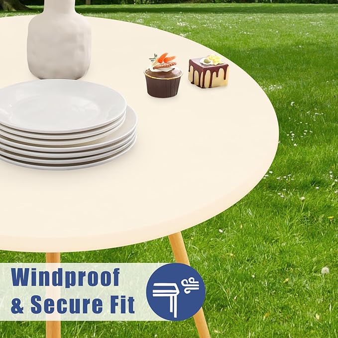 Round Spandex Tablecloth, Elastic Fitted Waterproof Tablecloths for 18"-24" Tables, Stretch Washable Picnic Table Cover for Camping, Dining, Indoor and Outdoor, Beige
