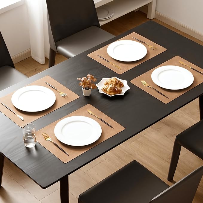 MOSAYT Vinyl Placemats Set of 12-12 X 17 Inch - Faux Leather 100% Waterproof Oil-Proof Wipeable PU Place Mats, Heat Resistant Reversible Table Mats for Kitchen, Dining, Outdoor (Camel)