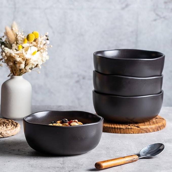 AmorArc Stoneware Cereal Bowls for Kitchen, 28oz Large Ceramic Soup Bowls Set of 4 for Meal, Oven, Microwave&Dishwasher safe Kitchen Bowls with Wavy Rim, Matte Black