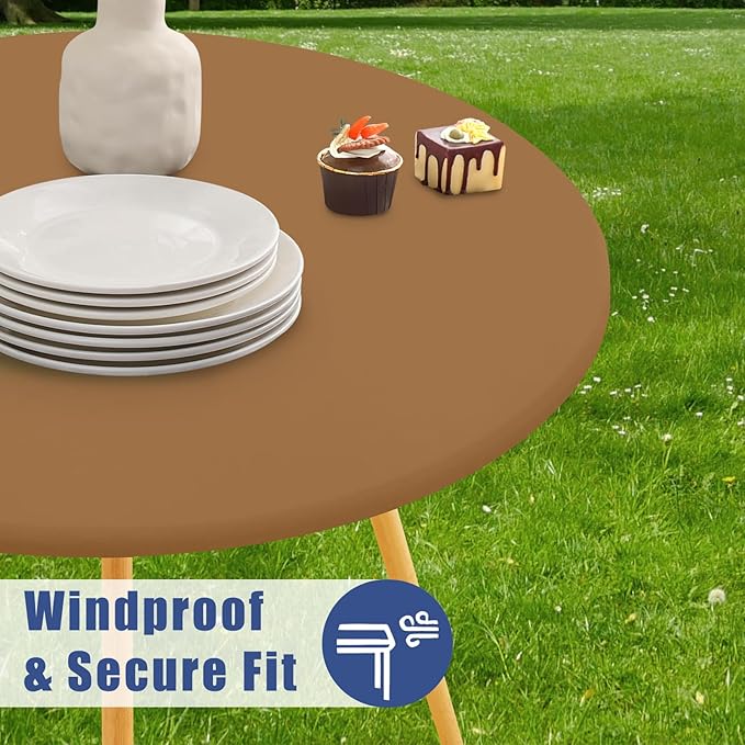 Round Spandex Tablecloth, Elastic Fitted Waterproof Tablecloths for 57"-68" Tables, Stretch Washable Picnic Table Cover for Camping, Dining, Indoor and Outdoor,Brown
