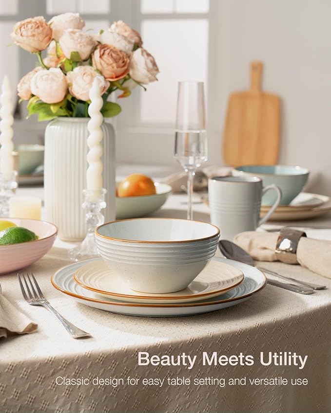 Famiware Jupiter Dinnerware Set with Pasta Bowl, Plates and Double Bowls Dish Sets for 4 (16 Pieces), Microwave and Dishwasher Safe, Chip and Scratch Resistant, Multi-color