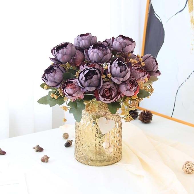Faux Flowers in Vase,Fake Flowers in Vase 21 Pcs Faux Peony Flowers,Artificial Flowers for Home Decor, Indoor Centerpiece for Living Room & Dining Table (Purple Red)