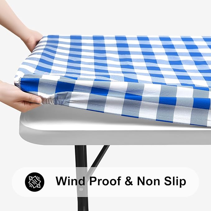 Smiry Rectangle Picnic Table Cloth, Elastic Waterproof Fitted Vinyl Tablecloths, Flannel Backed Buffalo Plaid Table Covers for Dining, Camping, Outdoor (White and Blue, 36" x 60")
