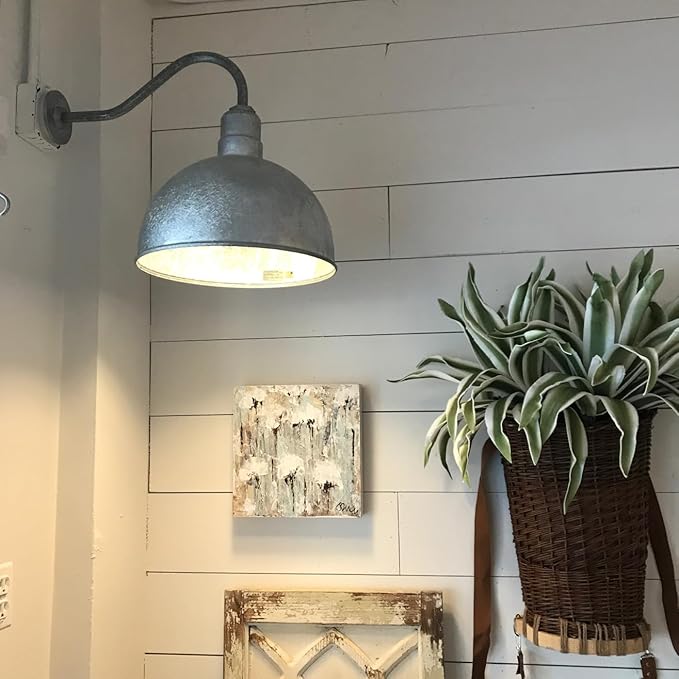 Steel Lighting Co. Hollywood Bowl Light | Outdoor Wall Mounted | 15 inch Bowl Dome | 16 inch Gooseneck | Barn Light Made in America | White Exterior/White Interior
