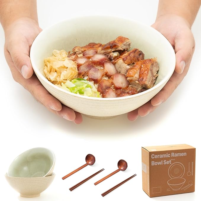 8 Inch Ceramic Ramen Bowl Set of 2, 40oz Japanese Bowls with Spoons & Chopsticks,Durable,Microwave & Dishwasher Safe,Perfect for Ramen,Pho,Salad,Soup,Noodles，Mixing bowls（Verdant）