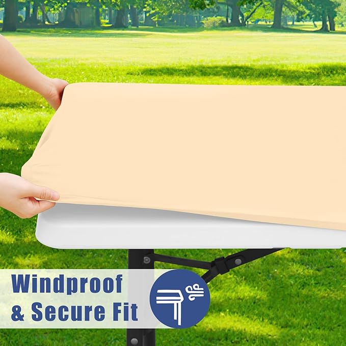 Spandex 5 Foot Rectangle Table Cloth 2 Pack, Elastic Fitted Tablecloths for Picnic, Stretch Washable Patio Table Cover for Outdoor, Camping, Banquet and Parties(Ivory, 30"x60")