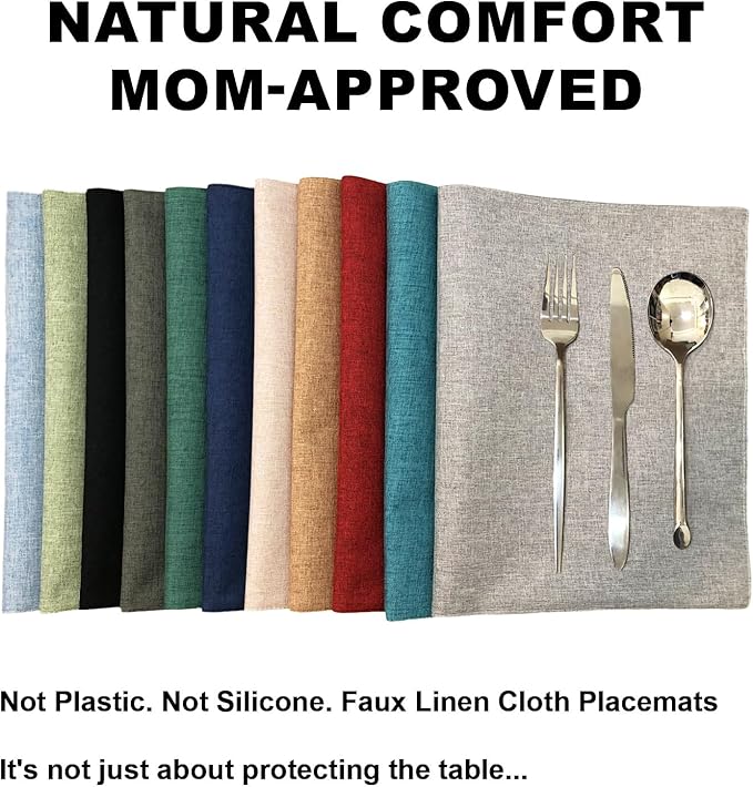Cloth Placemats Set of 6, Cotton Linen Blend Machine Washable Double Layered Durable Place Mats Heat Resistant Placemats Wrinkle Free Thick Fabric Dining Table Mats (Light Grey, 6)