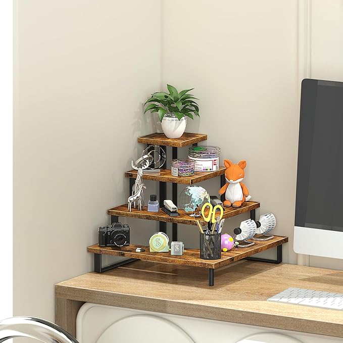ELITEROO 4 Tier Riser Stand, Wooden Display Stands, Farmers Market Rack, Vendor Shelves for Craft Fair, Tumbler Candles, Perfume, Makeup, Right Angle Corner