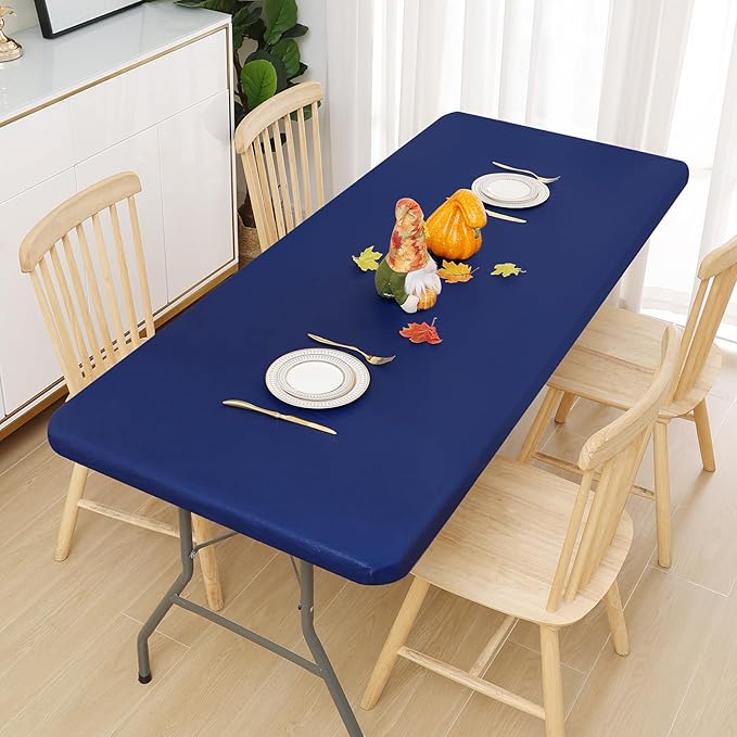 Smiry Rectangle Tablecloth, Elastic Fitted Flannel Backed Vinyl Tablecloths for 8ft Folding Tables, Waterproof Wipeable Table Covers for Indoor, Outdoor, Picnic and Camping (Navy, 30"x96")