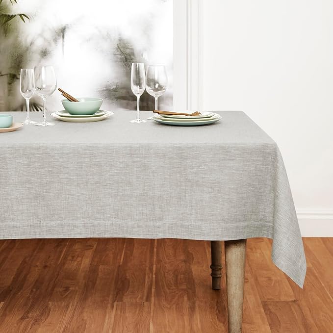 Solino Home Linen Tablecloth 60 x 90 Inch - 100% Pure Linen Oyster Grey Table Cloth for Rectangle Tables - Athena, Machine Washable Tablecloth for Spring, Easter