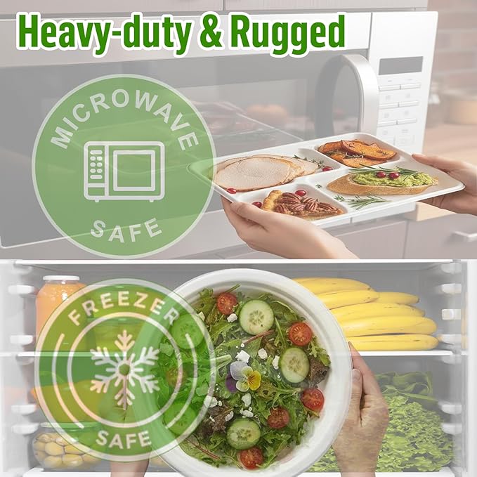 5 Compartment Compostable Heavy Duty Disposable Paper Plates, 300 Count | 10.3" X 8.3" | Natural Bagasse, White Biodegradable Eco-Friendly School Lunch, Buffet, Party Sugarcane Tray