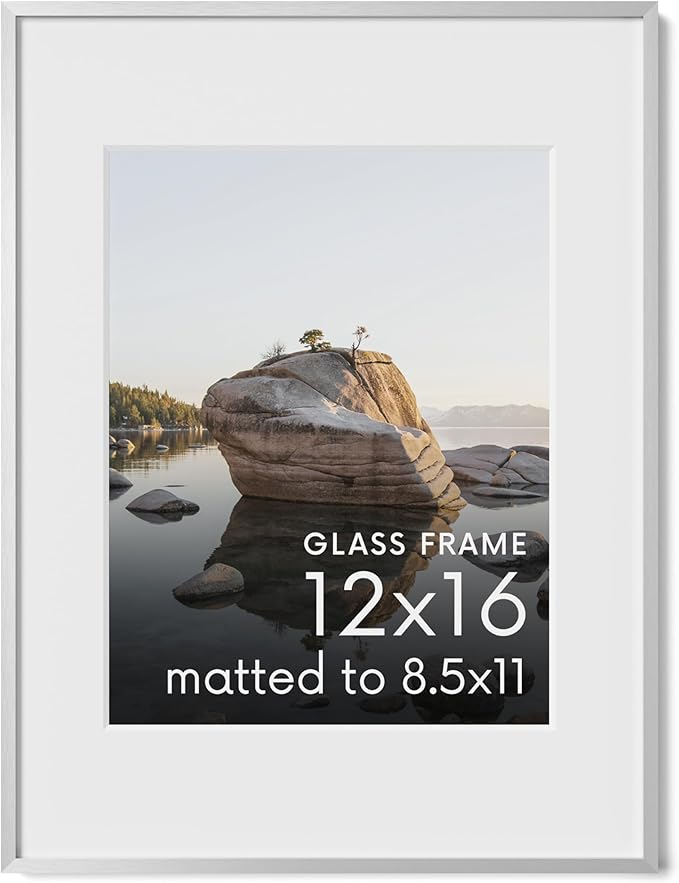 HAUS AND HUES 12x16 Picture Frame with Real Glass & Silver Premium-Grade Metal Matted to 8.5x11 - Aluminum 12x16 Frame - Includes Hanging Kit - Ideal for Home, Office (12x16 in, Silver)