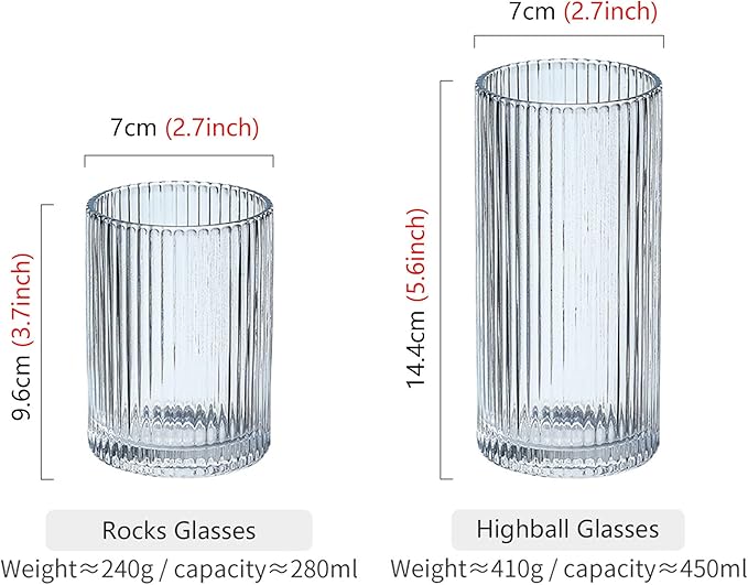 Drinking Glasses with Origami Style Set of 4 Glass Cups, 9oz Ribbed Glassware, Art Deco Drinking Glass, Elegant Ripple Vintage Glassware, Ideal for Cocktail, Whiskey, Soda, Juice