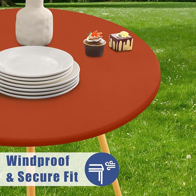 Round Spandex Tablecloth, Elastic Fitted Waterproof Tablecloths for 45"-56" Tables, Stretch Washable Picnic Table Cover for Camping, Dining, Indoor and Outdoor, Rust