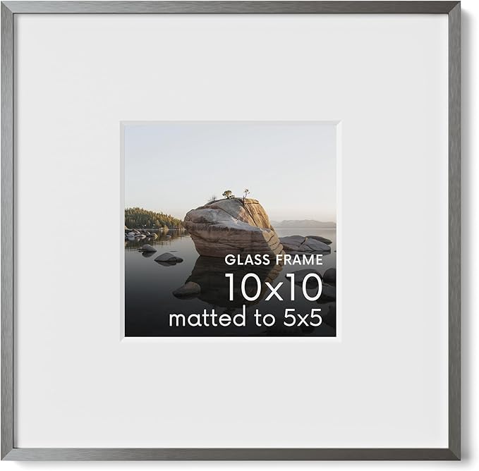 HAUS AND HUES 10x10 Picture Frame with Real Glass & Gray Premium-Grade Metal Matted to 5x5 - Aluminum 10x10 Picture Frame - Includes Hanging Kit - Ideal for Home, Office (10x10 in, Gray)