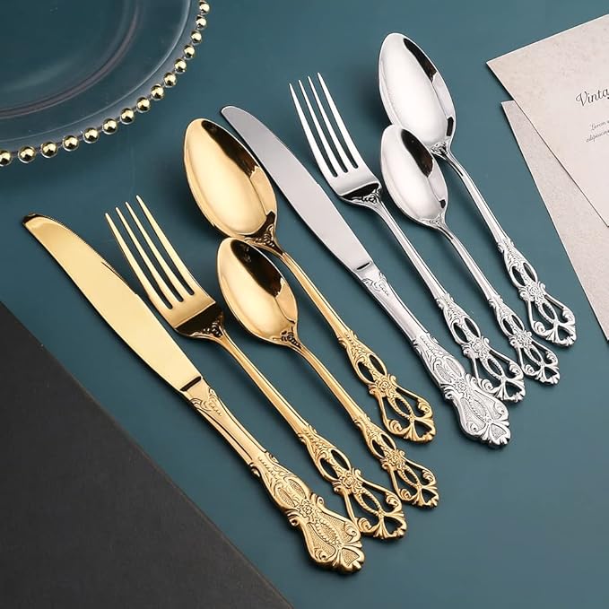 Gold Silverware Set for 16 Stainless Steel Flatware Set Palace Style Hollow Relief Decoration 64 Piece Cutlery Utensils Include Knives Forks and Spoons Tableware Set for Home Kitchen Restaurant Party